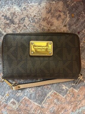 Michael Kors Dark Brown Signature MK Zip-Around Wristlet with Gold Plate